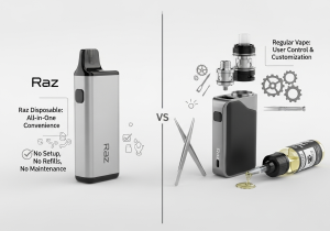 The Simplicity of Raz Disposables vs. Traditional Vapes A simple, sleek Raz disposable vape placed next to a traditional vape mod with its tank and e-liquid bottle