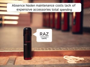 The Unexpected Value of Raz Disposables A hand holding a Raz disposable vape with a wallet in the background, symbolizing affordability and value
