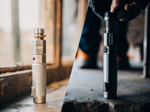 Material Durability: Metal vs. Plastic Vapes A sturdy, metal-cased rechargeable vape mod placed next to a colorful plastic disposable vape, highlighting material differences