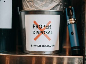 Properly Disposing of E-Waste from Vapes An icon representing e-waste recycling next to a disposable vape, emphasizing responsible disposal
