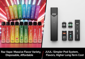 Raz Vape vs JUUL Comparison A colorful RAZ TN9000 device placed next to a sleek, minimalist JUUL device
