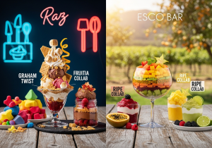 Distinct Flavor Philosophies: Candy & Dessert vs. Natural Fruit A divided image with decadent desserts and candies on the Raz side, and a vibrant arrangement of fresh fruits on the Esco Bar side