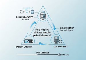 Factors of Vape Lifespan An infographic showing icons for a battery, a liquid drop, and a heating coil connected in a circle