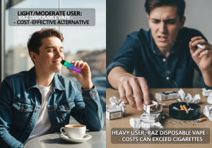 Cost Comparison Chart: Vaping vs. Smoking A side-by-side comparison chart showing the monthly costs of light vs. heavy vaping and smoking