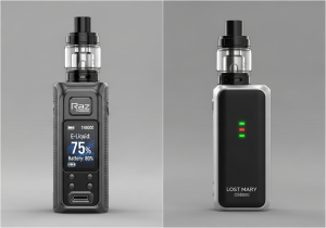 Raz vs. Lost Mary Display Technology A close-up split-screen image showing the detailed Raz TN9000 screen next to the simple Lost Mary OS5000 LED light