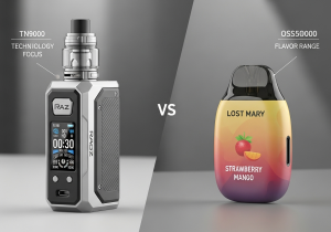 Raz Vape vs. Lost Mary Disposables A Raz vape and a Lost Mary vape positioned side-by-side on a neutral background