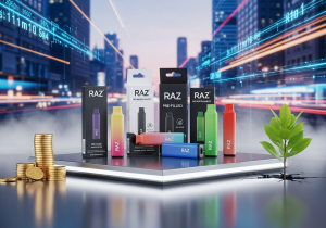 The Convenience of On-the-Go Vaping with Raz A person easily pulling a sleek Raz disposable vape from their pocket while walking in a busy city