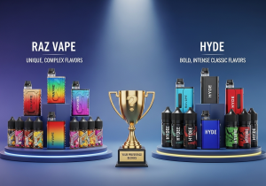 Flavor Showdown: Raz vs. Hyde A Raz vape and a Hyde vape positioned on opposite sides of a colorful, flavor-filled background