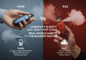 Comparing the lifespan of Raz and Fume vapes A Raz vape and a Fume vape side-by-side in front of a calendar to symbolize time and longevity