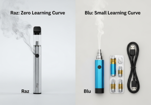 The Zero Learning Curve of a Disposable Vape A simple arrow pointing from a new Raz vape to a trash bin, symbolizing its simple lifecycle