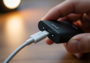 Safe Vape Charging Practices A green checkmark icon superimposed over a vape being charged correctly