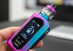 RAZ TN9000 HD Screen Feature A close-up shot of the RAZ TN9000 screen clearly showing the battery and e-liquid level indicators