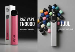 Cost Comparison Between Disposable Vape and Pods A single RAZ TN9000 device next to a large pile of JUUL pods to show a cost comparison