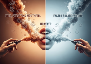 The Psychology of Sweet Flavors and Vaping A person looking satisfied after using a dessert-flavored vape, with a thought bubble showing a question mark