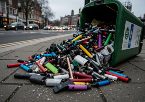 Environmental Impact of Disposable Vapes An image of a single-use disposable vape in a landfill, highlighting the environmental problem
