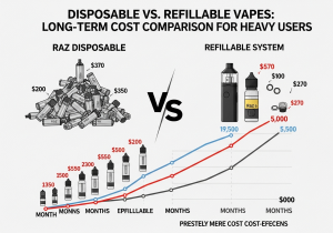 Long-Term Vaping Costs: Disposables vs. Refillables A scale balancing a single refillable vape kit against a pile of disposable vapes, symbolizing long-term cost