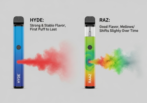 Tracking Flavor Consistency Over a Vape's Lifespan A graph showing two lines over time: one (Hyde) is a perfectly straight line, the other (Raz) has a very gentle downward curve