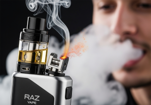 Flavor Lasting Until the End A Raz Vape device with the screen showing e-liquid at 1%, with a vibrant flavor graphic still visible next to it