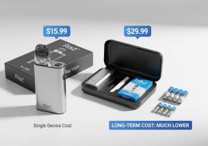 Comparing the Long-Term Cost of Raz vs. Blu A piggy bank with a Blu cartridge being dropped in, next to a pile of coins for a single Raz vape