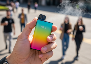 The Convenience and Portability of Raz Vapes A person effortlessly taking a Raz vape out of their pocket while on the go, highlighting its portability and ease of use