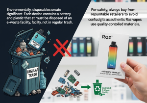 Safety and Environmental Responsibility in Vaping A split image showing a certified safety seal on one side and a symbol for e-waste recycling on the other
