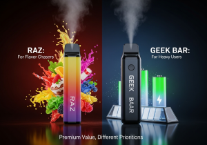 Determining the Best Value in Disposable Vapes A scale balancing a Raz vape on one side and a Geek Bar on the other, symbolizing value