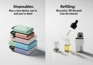 The Hassle-Free Choice: Disposables vs. Refilling A simple, clean transaction of buying a new Raz vape, versus a small bottle of e-liquid and a pod