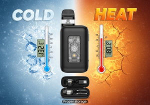 How Temperature Extremes Affect Your Vape's Lifespan A split image showing a vape in a hot car on one side and a snowy landscape on the other