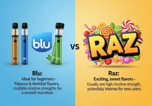 Flavor Options for Beginners: Familiar vs. Exciting A display shelf showing classic tobacco flavors for Blu next to vibrant, fruity options from Raz