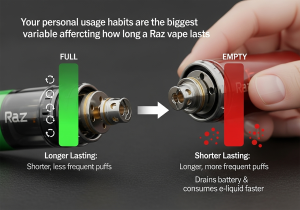 Comparing Different Usage Habits Two users with the same vape; one's device shows low battery and liquid while the other's is still full