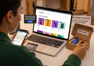 Online Age Verification Process A person looking at their ID card and computer screen, completing an age verification check