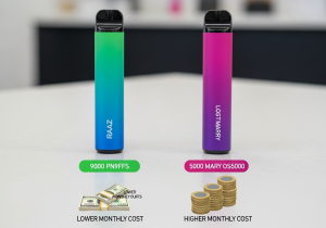 Long-Term Vaping Costs A person comparing receipts next to a Raz and a Lost Mary vape, illustrating long-term cost savings