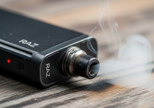 Replacing and Recycling an Old Disposable Vape A person responsibly placing an old vape into an e-waste recycling bin and taking out a new one from its box