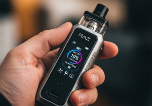 A Satisfied Raz Vape User A happy and satisfied person holding a Raz vape outdoors, conveying a sense of smart choice and user satisfaction