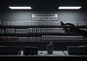 The intersection of law and the vaping industry A gavel resting on a law book with several disposable vapes in the background