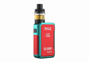 RAZ LTX 25000 Digital Display for Heavy Users A close-up of a person holding a RAZ LTX 25000 vape, with the digital screen brightly lit showing battery and e-liquid levels.