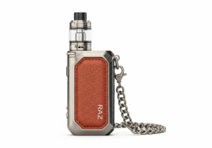 Vape as a Personal Fashion Accessory A woman's hand holding a sleek, leather-wrapped vape device, with a stylish handbag in the blurred background.