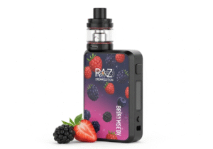 The Optimized System of a RAZ Vape A RAZ Dream Edition vape pen surrounded by a vibrant mix of fresh blueberries, raspberries, and strawberries.