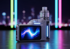 A futuristic sci-fi themed vape device A futuristic-looking vape with an animated screen, resting on a surface with glowing neon lights in the background.