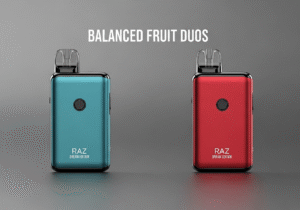 The Art of Balanced Fruit Flavors in Vaping A vibrant, artistic shot of two different fruits, like a kiwi and a watermelon slice, perfectly balanced against each other.