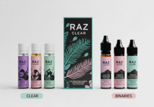 Strategic Product Lines for Global Markets A split image showing a clean, minimalist vape package on one side and a brightly colored, branded package on the other.