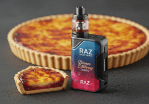 UK Tart Inspired Vape Flavors A delicious-looking lemon tart with a golden-brown crust sitting next to a sleek, modern vaping device.