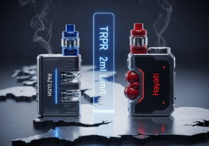 UK vape market regulations and shipping A shipping container door slightly ajar, with boxes of vapes inside, against a backdrop of the UK flag.