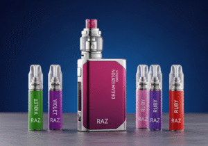 Social Vaping at an Evening Event A group of friends laughing together at an outdoor evening event, with subtle vapor in the air.