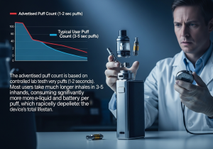 Lab testing conditions for disposable vape puff counts A scientist in a lab coat observing a vaping machine taking short, controlled puffs