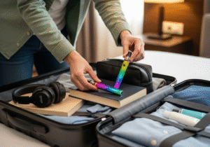 Travel-Ready Convenience of Disposable Vapes A person packing a suitcase, placing a slim, colorful vape next to their essentials like headphones and a book.