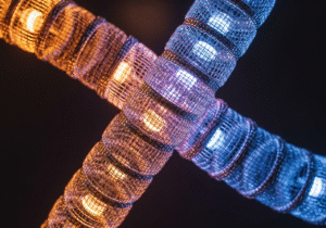 Dual-mesh coil system for vaping A close-up shot showing two intertwined mesh coils glowing, symbolizing a dual-blend system.