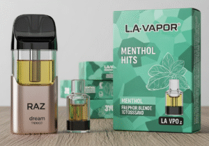 The Chemical Stability of a Cool Menthol Vape A menthol vape product surrounded by fresh mint leaves and ice crystals