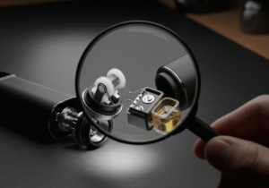 Technical Features of a Good Travel Vape A magnifying glass hovering over the technical components of a sleek disposable vape.