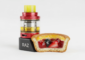 E-Liquid Chemistry vs. Device Technology A side-by-side comparison of a bottle of e-liquid and a high-tech disposable vape, both with lemon tart imagery.